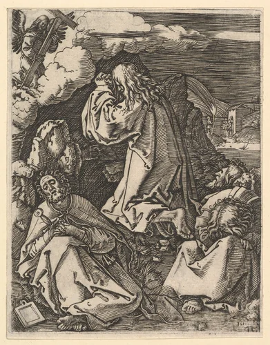 Christ praying on Mount of Olives; Roman soldiers entering through garden gate in far background, from "The Passion of Christ", after Dürer by Marcantonio Raimondi, print, 1495-1539