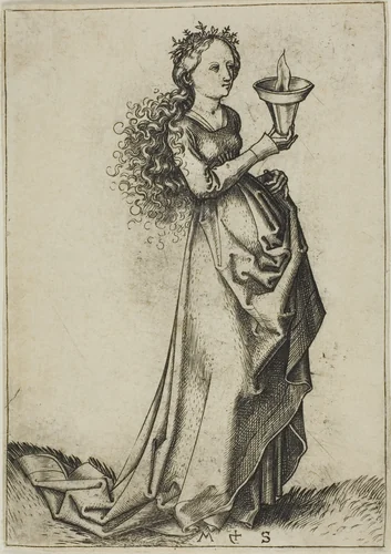 The First Wise Virgin by Martin Schongauer, print, 1480-1491