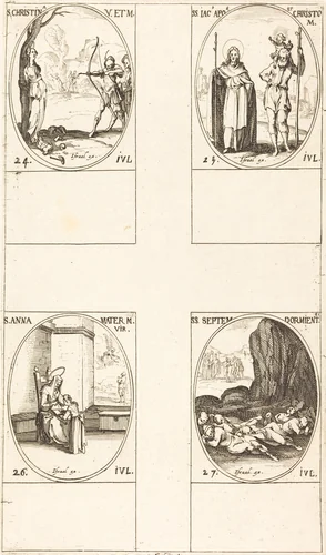 St. Christina; St. James, Apostle, and St. Christopher; St. Anne; Seven Sleepers of Ephesus by Jacques Callot, print, 1627-1637