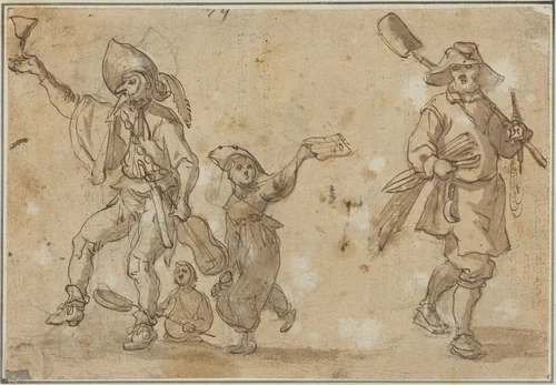 Three Revelers and a Gardner by Sebastian Vrancx, drawing, 1573-1647