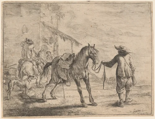 A Pissing Horse Held by a Man by Dirck Stoop, print, 1618-1676