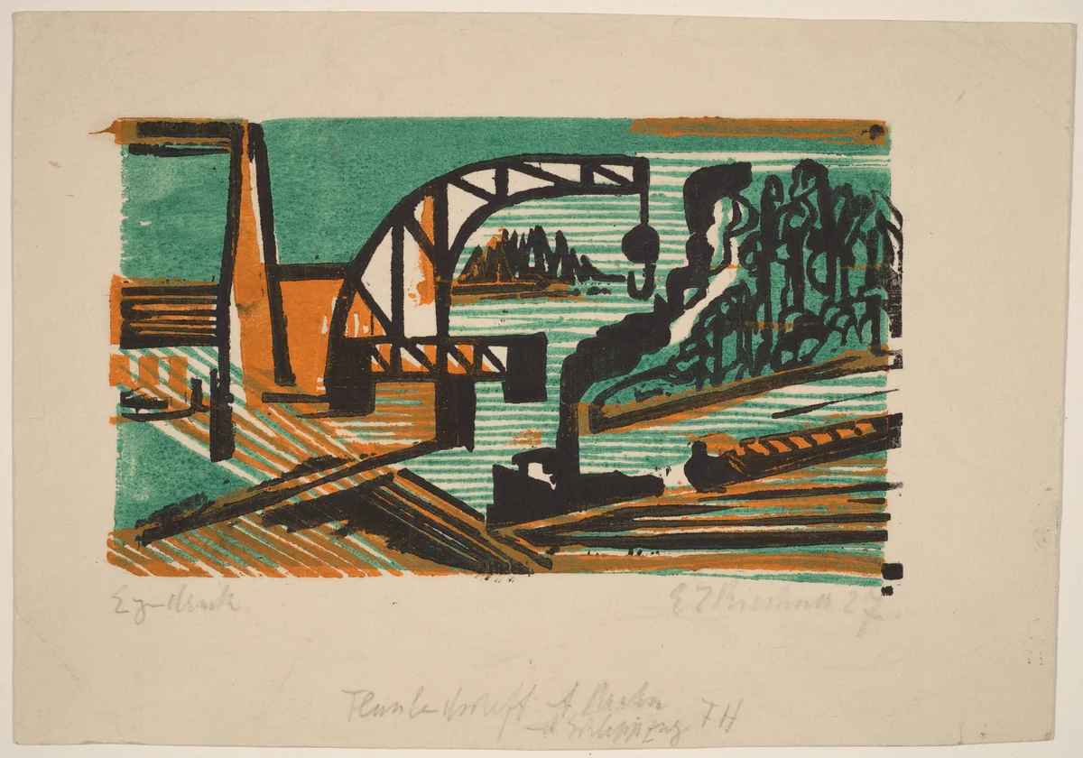 River Landscape with Crane and Barges by Ernst Ludwig Kirchner, print, 1927