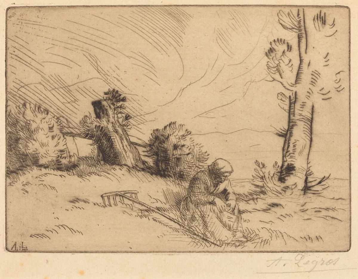 Peasant Woman Seated near a Hedge (Paysanne assise pres d'une haie) by Alphonse Legros, print, 1837-1911