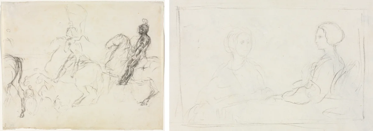 Battle Scene with Armored Figures on Horseback (recto) Two Seated Women (verso) by Edgar Degas, drawing, 1856-1860
