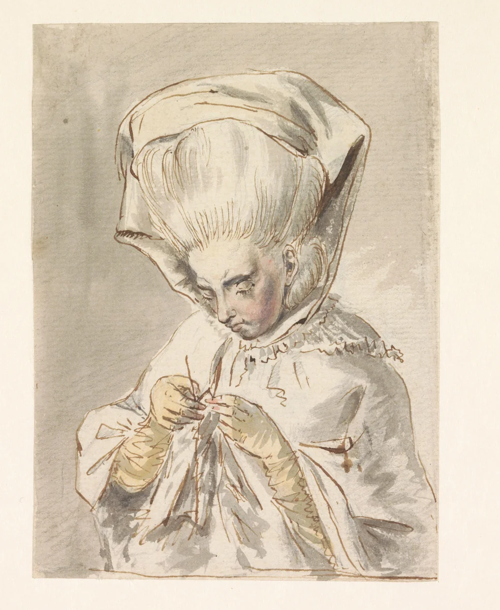 Portret van Maria Goll van Franckenstein, met breiwerk by Louis Bernard Coclers, drawing, 1783