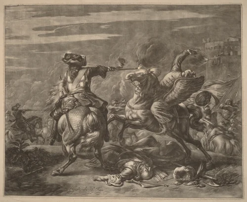 A Horseman Shooting a Turk from His Horse by Jan van Huchtenburgh, print, 1647-1733