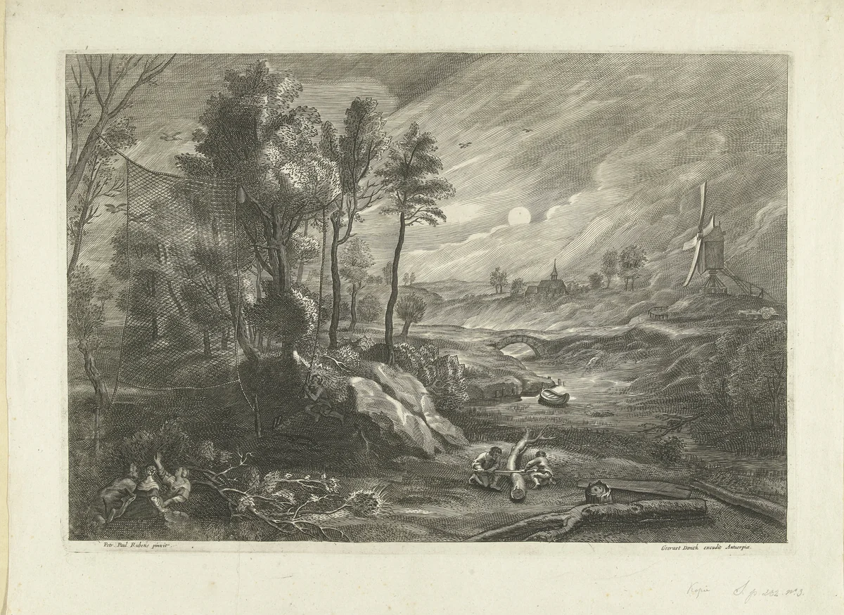 Landschap met houtsnippenvanger by anonymous, print, 1596-1659
