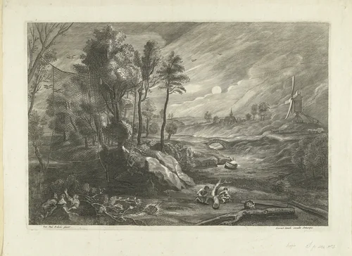 Landschap met houtsnippenvanger by anonymous, print, 1596-1659