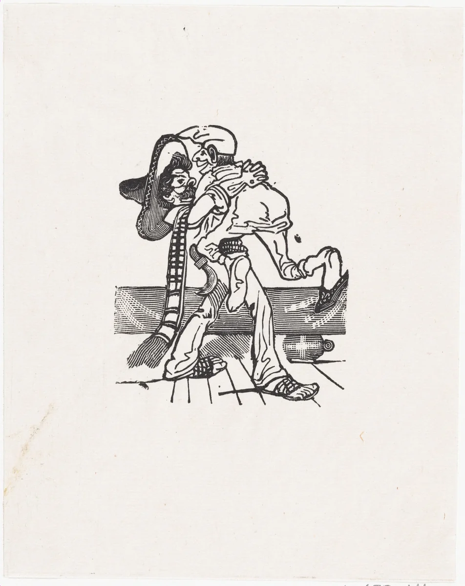 One man lifting another by José Guadalupe Posada, print, 1875-1885