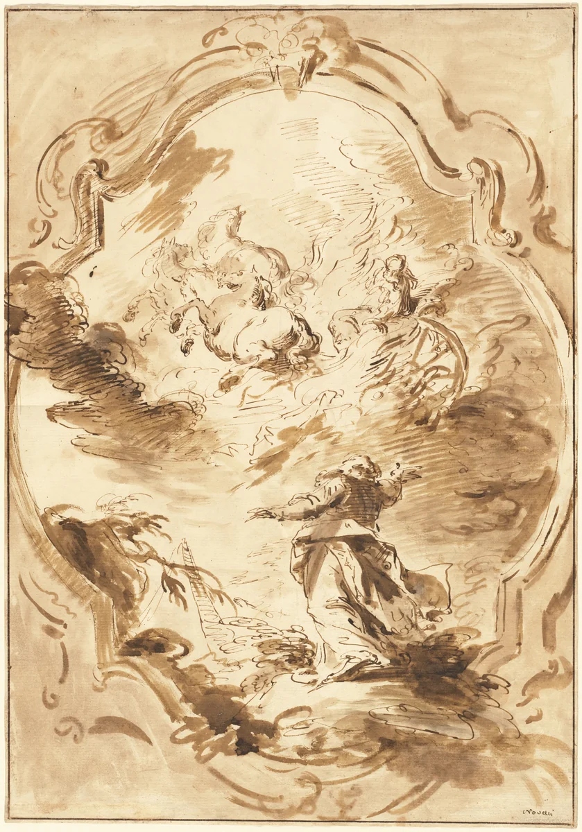 Elisha Watching Elijah Ascend in the Fiery Chariot by Pietro Antonio Novelli, drawing, 1750-1755