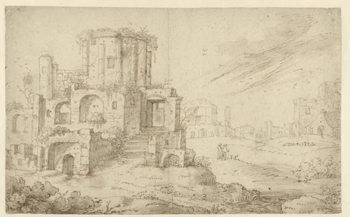 Landscape with Ancient Ruins by Cornelis Saftleven, drawing, 1625-1626
