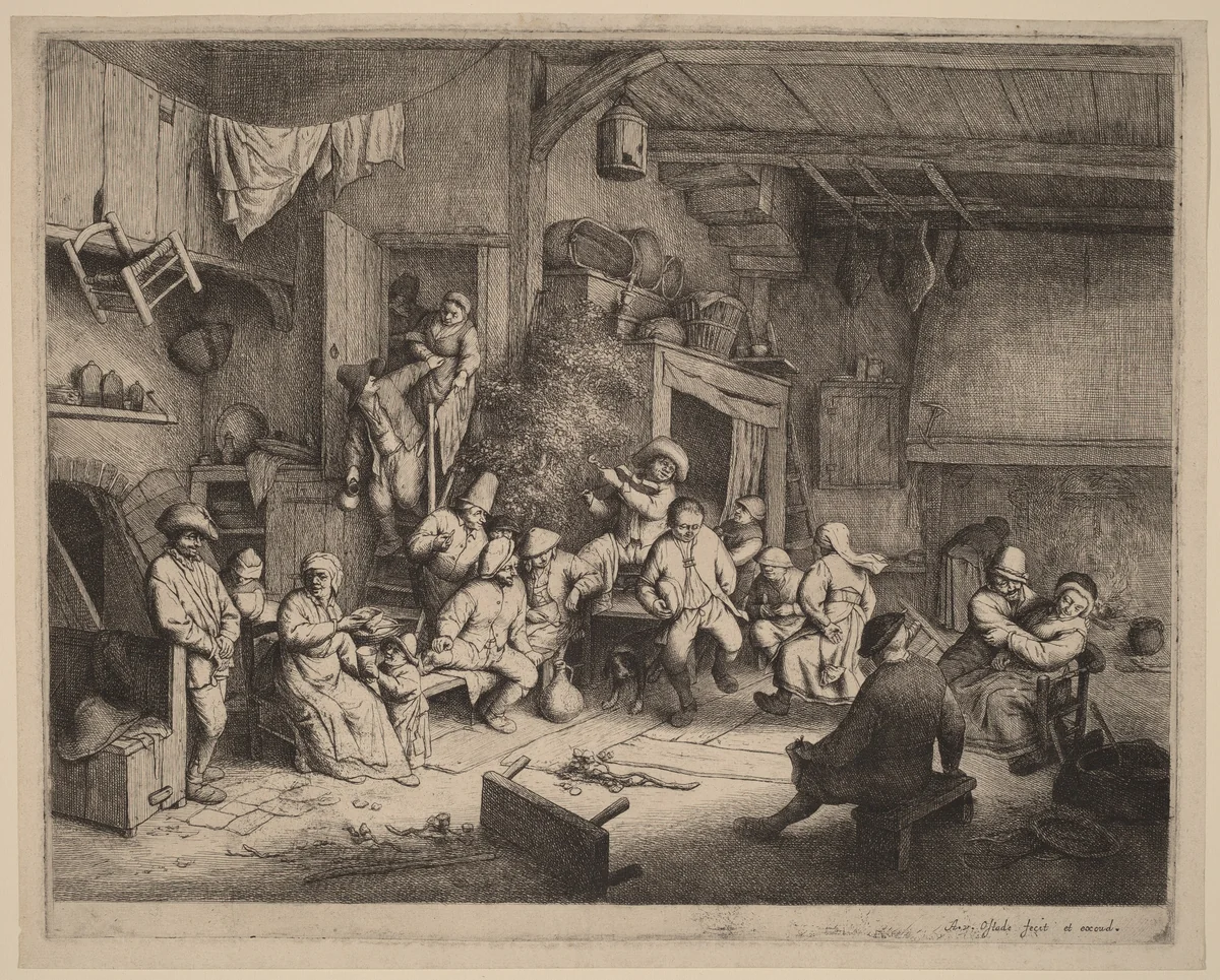 Peasants Feasting at an Inn by Adriaen van Ostade, print, 1647-1657