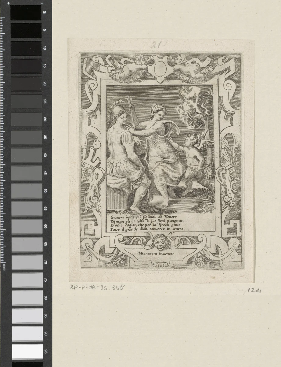 Minerva gezeten bij Juno die de pijlen van Amor afpakt by Giulio Bonasone, print, 1501-1580