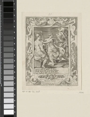 Minerva gezeten bij Juno die de pijlen van Amor afpakt by Giulio Bonasone, print, 1501-1580