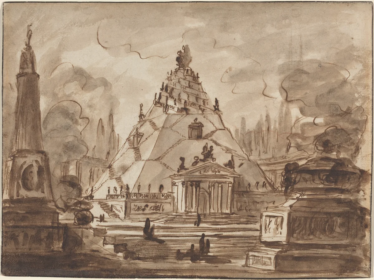 Architectural Fantasy with a Pyramidal Mausoleum by Charles Michel-Ange Challe, drawing, 1747