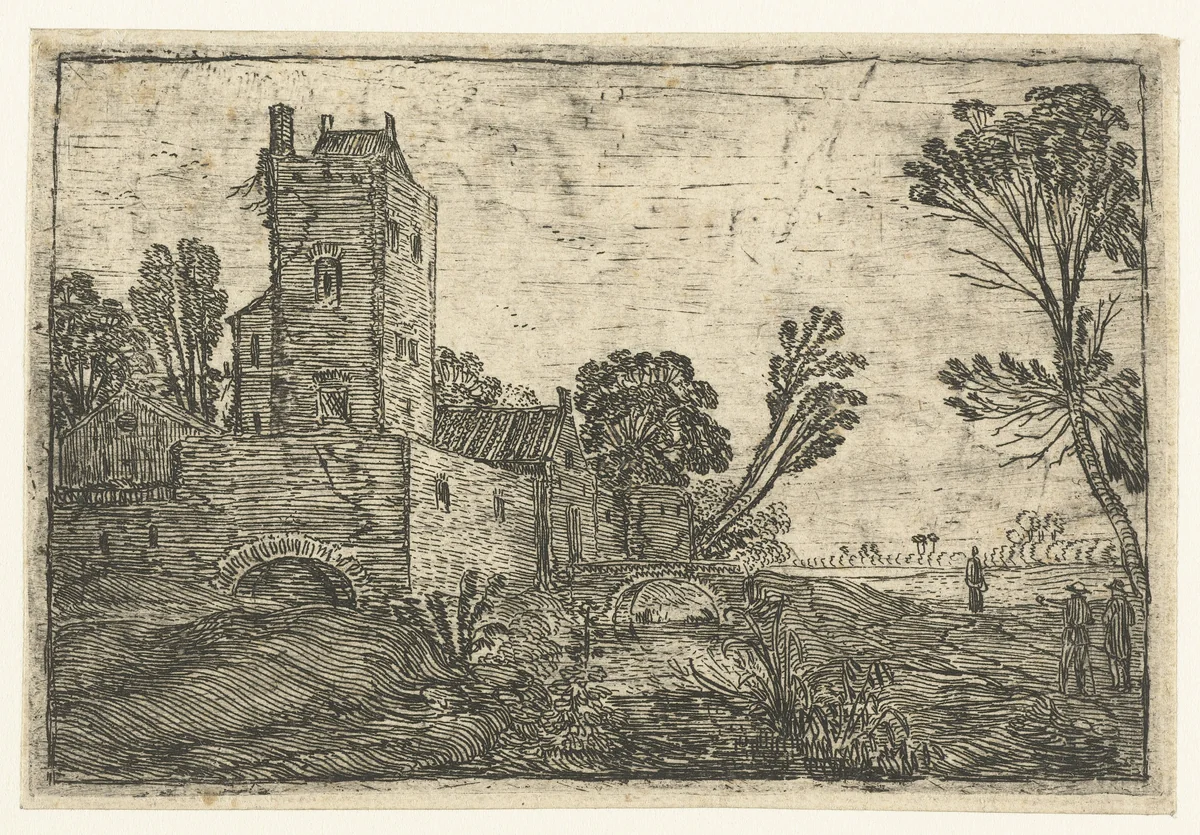 Hoge vierkante toren achter een muur gelegen aan een gracht by Esaias van de Velde, print, 1614