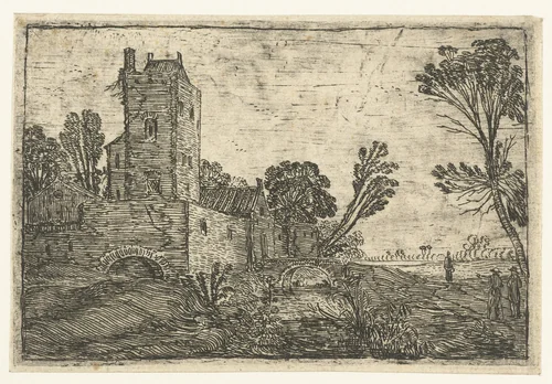 Hoge vierkante toren achter een muur gelegen aan een gracht by Esaias van de Velde, print, 1614