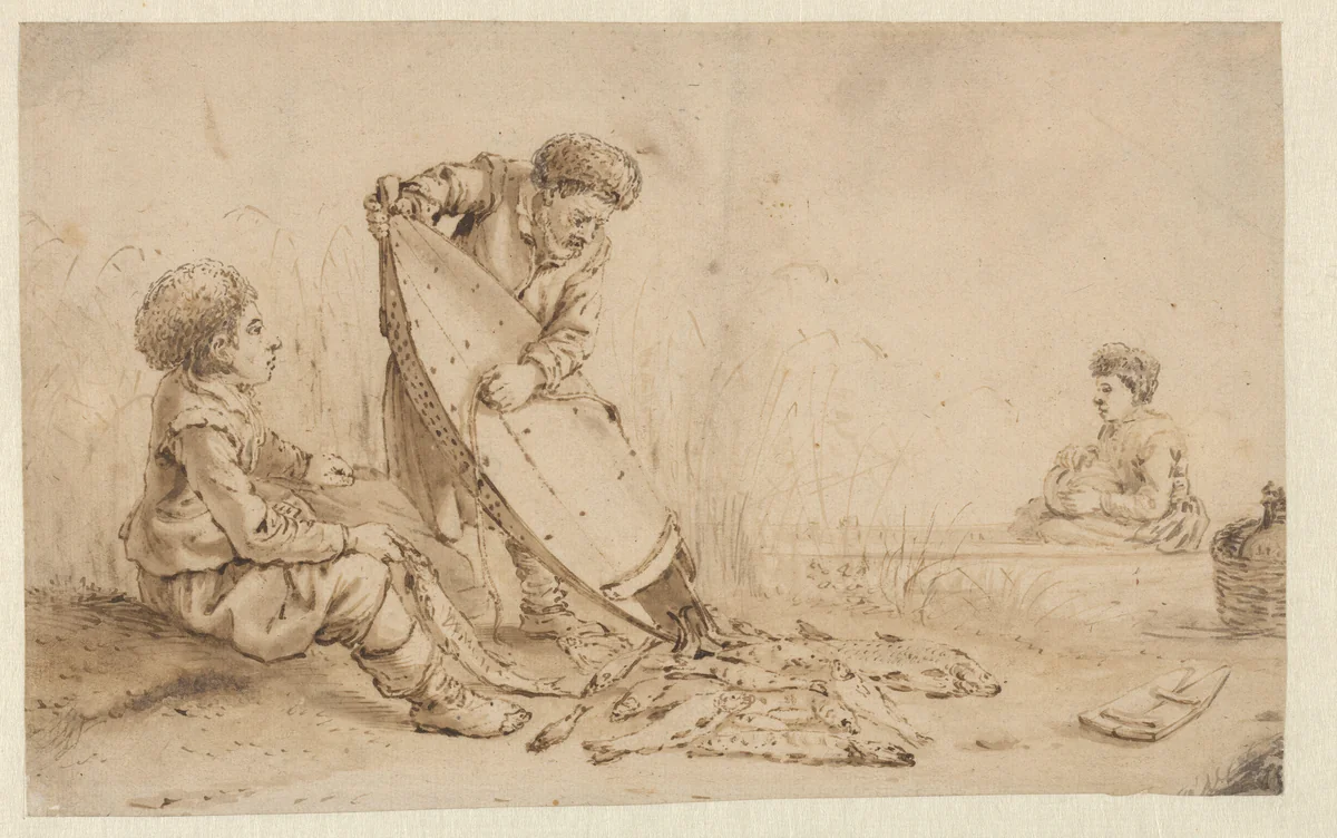 A fishermen empties his corf by Arent Arentsz, drawing, 1600-1635