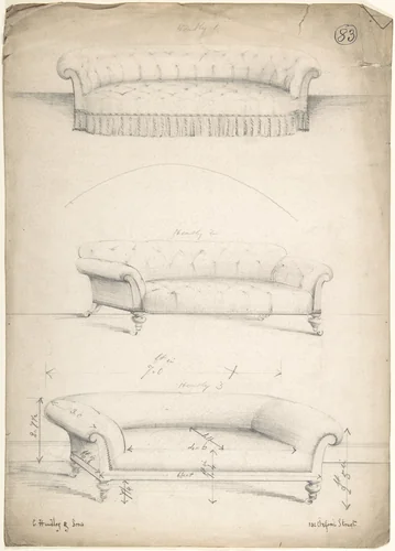 Designs for Three Couches by Charles Hindley and Sons, drawing, 1841-1884