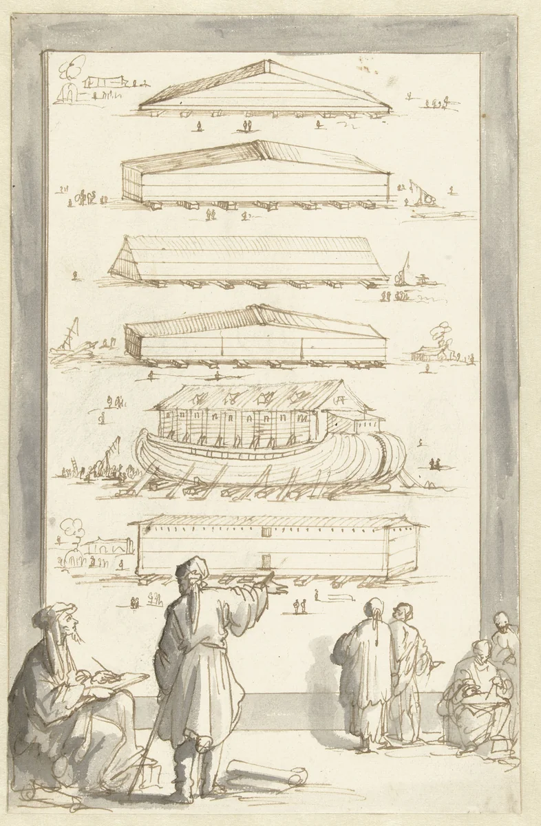 Bouw van de ark van Noach by Jan Luyken, drawing, 1688-1690