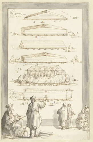 Bouw van de ark van Noach by Jan Luyken, drawing, 1688-1690