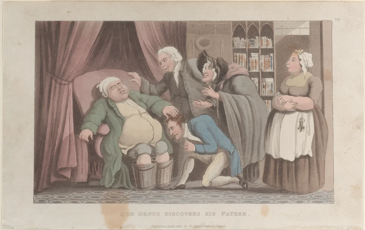 Quae Genus Discovers His Father by Thomas Rowlandson, print, 1822