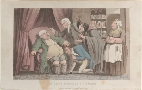 Quae Genus Discovers His Father by Thomas Rowlandson, print, 1822