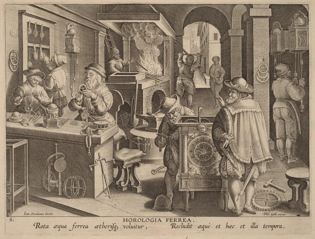 Horologia Ferrea (Iron Clocks) by Philip Galle, print, 1585-1595