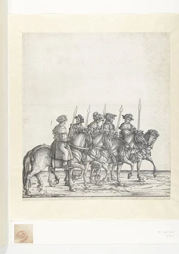 Vijf jagers te paard bij de jacht naar wilde zwijnen by Hans Burgkmair, print, 1483-1526