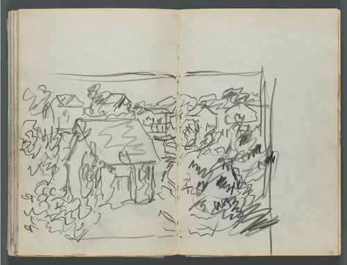 Sketchbook, The Dells, N° 127, page 154 & 155: Landscape with Houses by Maurice Prendergast, book, 1919-1921