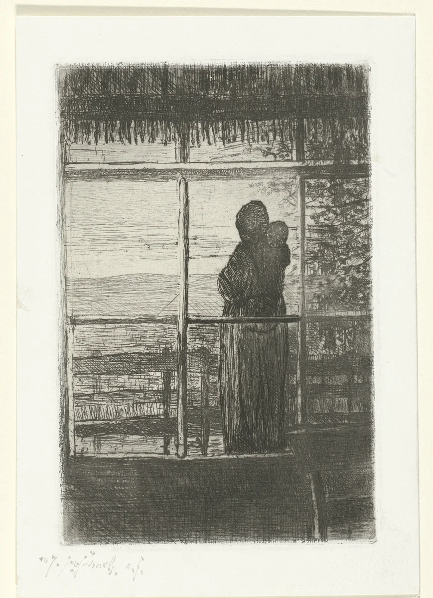 Wachtende vrouw met kind by Jozef Israëls, print, 1834-1878