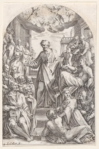 St. Peter Resucitating Tabitha, plate 3 from "Les Tableaux de Rome, Les Eglises Jubilaires" (The Paintings of Rome, The Churches Jubilee) by Jacques Callot, print, 1607-1611