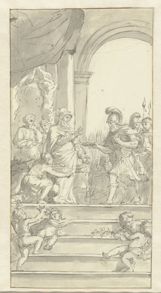 De ontmoeting tussen Abraham en Melchisedek (?) by anonymous, drawing, 1600-1699