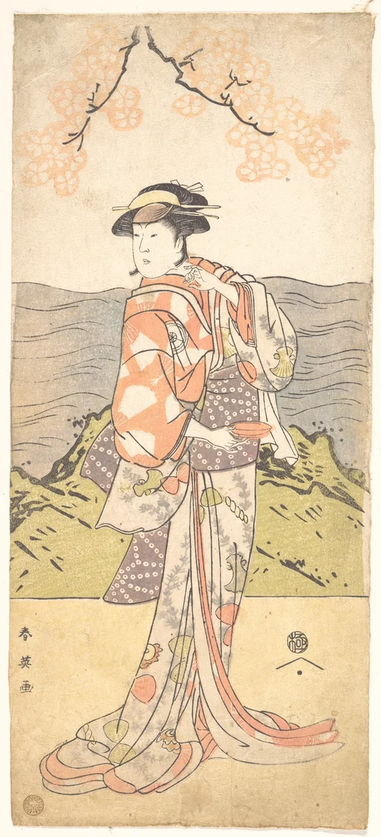 The Fourth Iwai Hanshiro as a Woman Standing Beneath a Cherry Tree by Katsukawa Shun'ei (勝川春英), print, 1782-1802