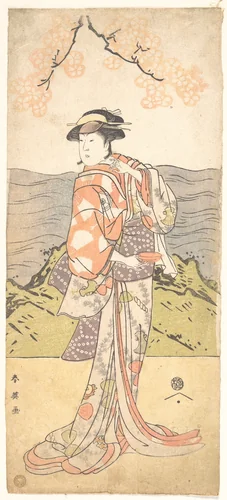 The Fourth Iwai Hanshiro as a Woman Standing Beneath a Cherry Tree by Katsukawa Shun'ei (勝川春英), print, 1782-1802