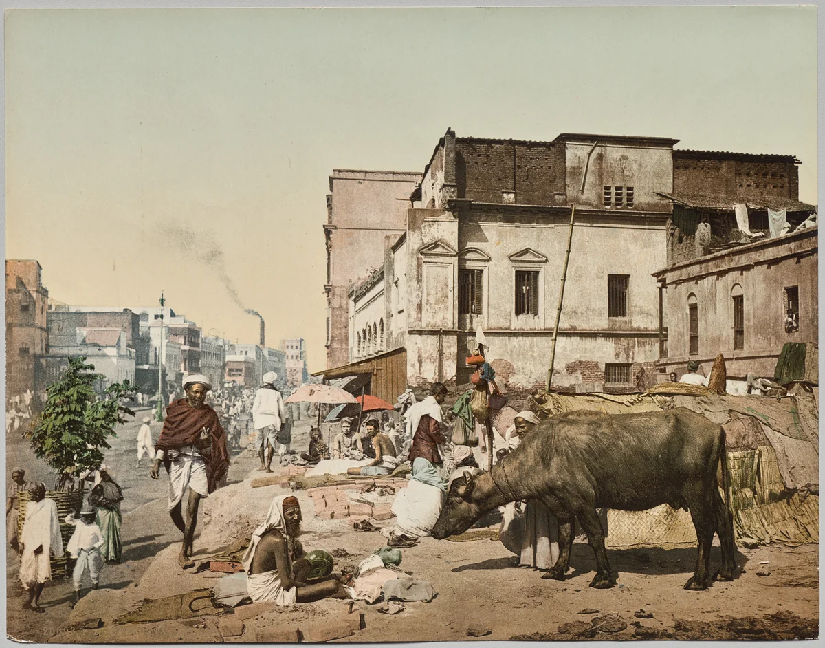 India. Calcutta. Harrison Road I with Group of Jogees, after photo by Dr. Kurt Boeck by Photoglob Co., photograph, 1885-1915