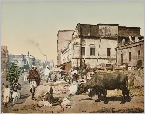 India. Calcutta. Harrison Road I with Group of Jogees, after photo by Dr. Kurt Boeck by Photoglob Co., photograph, 1885-1915