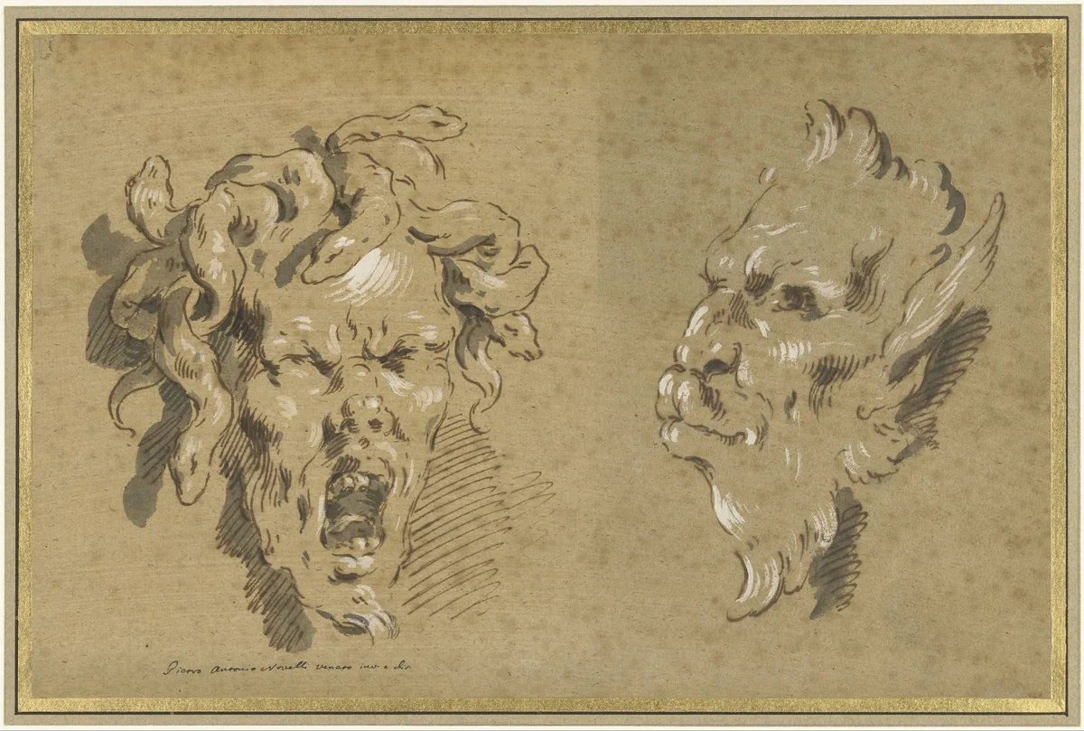 Hoofd van een gorgon en een sater by Pietro Antonio Novelli, drawing, 1739-1801