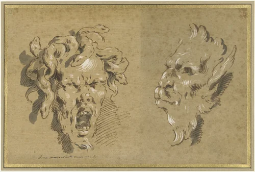 Hoofd van een gorgon en een sater by Pietro Antonio Novelli, drawing, 1739-1801