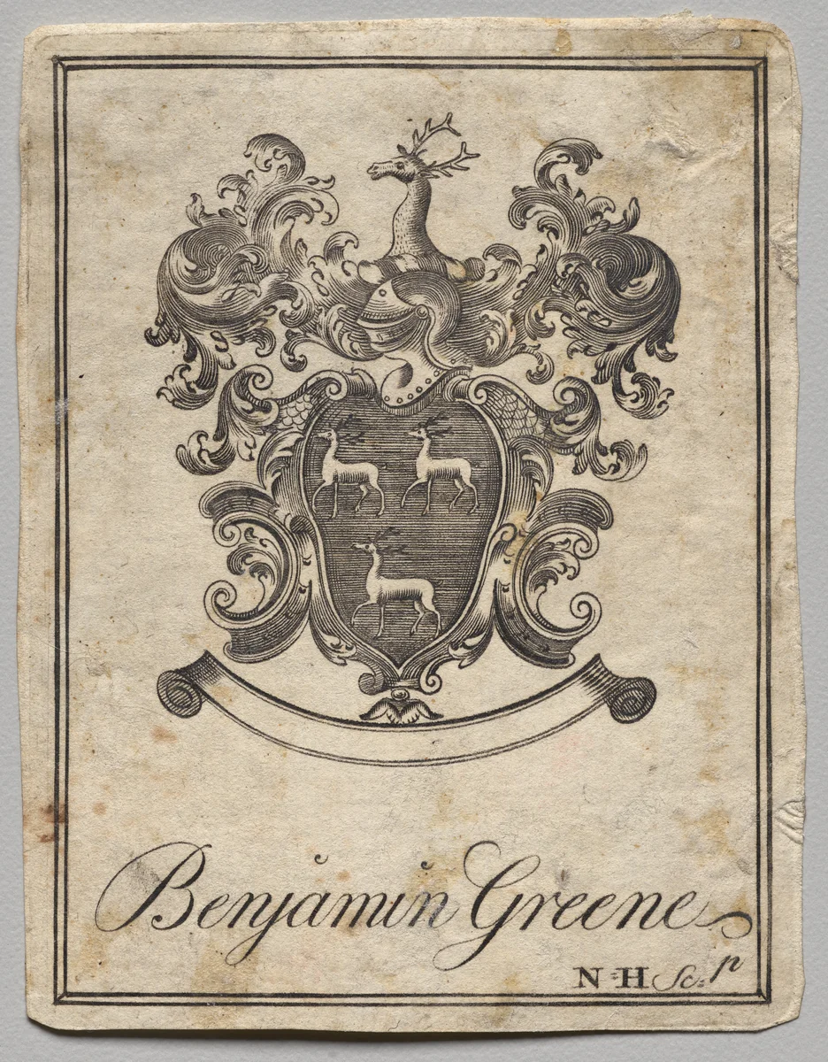 Bookplate: Coat of Arms with Benjamin Greene inscribed by Nathaniel Hurd, print