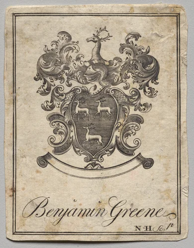 Bookplate: Coat of Arms with Benjamin Greene inscribed by Nathaniel Hurd, print