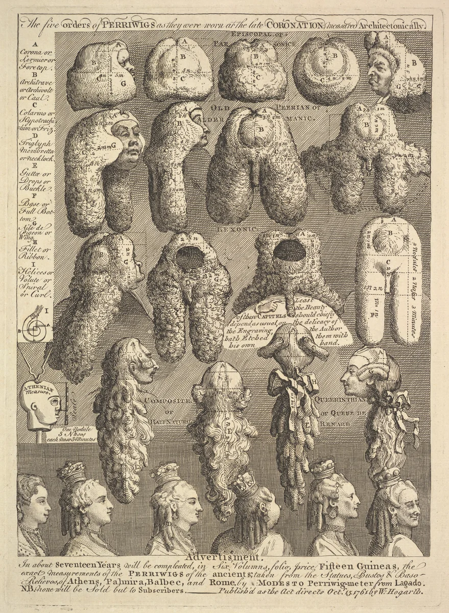 The Five Orders of Periwigs by William Hogarth, print, 1761