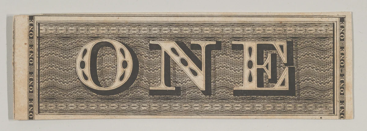Banknote motif: the word ONE set against a rectangular band of lathe work by Cyrus Durand, print, 1819-1847