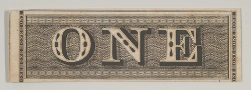 Banknote motif: the word ONE set against a rectangular band of lathe work by Cyrus Durand, print, 1819-1847
