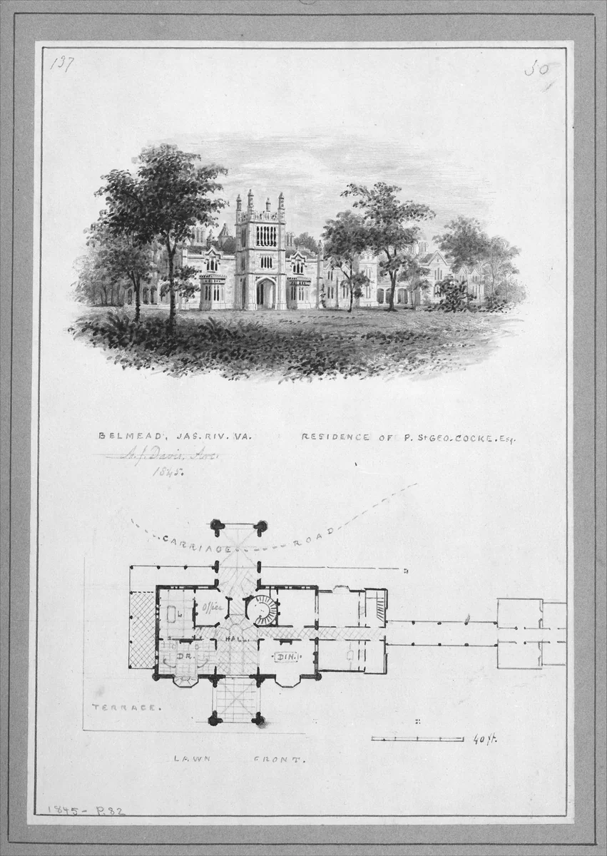 "Belmead", James River, Virginia, Residence of Philip St. George Cocke (vignette of riverside elevation and plan) by Alexander Jackson Davis, drawing, 1845