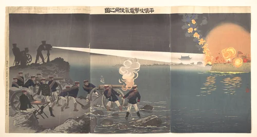 Use of Electricity during the Siege of Pyongyang by Kobayashi Kiyochika, print, 1894