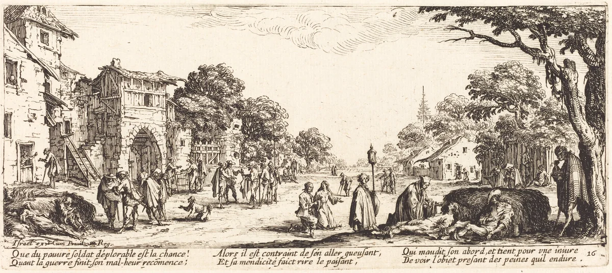 Dying Soldiers by the Roadside by Jacques Callot, print, 1633