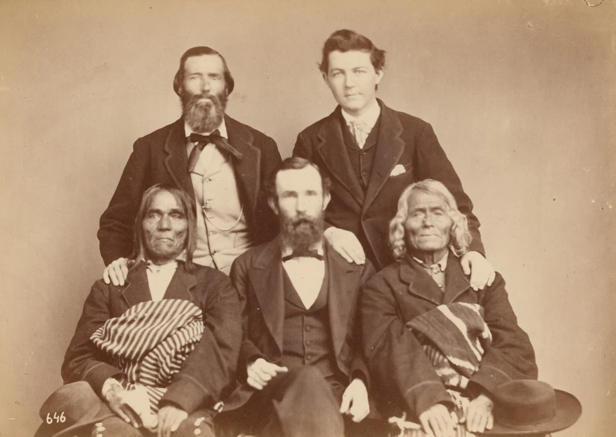 Alexander Gardner, William Henry Jackson, and Antonio Zeno Shindler with Pueblo delegates Alejandro Padilla, Governor of Isleta, and Ambrosio Abeita, Ex-Governor of Isleta by Antonio Zeno Shindler, photograph, 1868