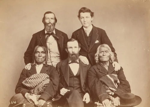 Alexander Gardner, William Henry Jackson, and Antonio Zeno Shindler with Pueblo delegates Alejandro Padilla, Governor of Isleta, and Ambrosio Abeita, Ex-Governor of Isleta by Antonio Zeno Shindler, photograph, 1868
