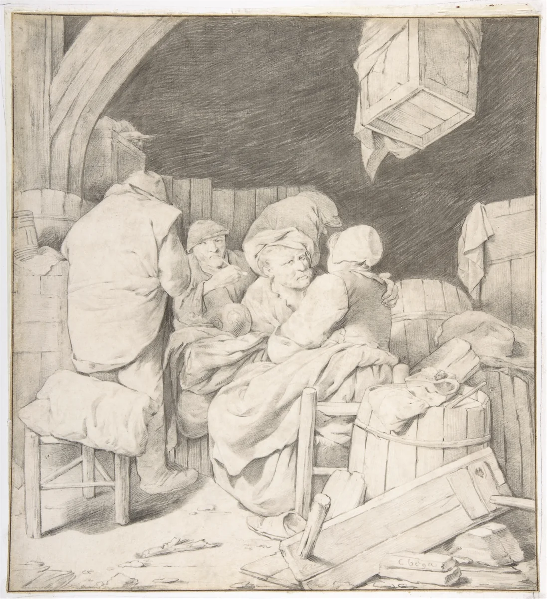 Peasants Gathered at an Inn by Cornelis Bega, drawing, 1646-1664